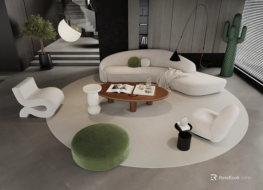 Modern Living Room Interior With Curved White Sofa Round Coffee Table And Green Ottoman 3d model 