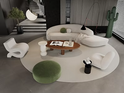 Modern Living Room Interior With Curved White Sofa Round Coffee Table And Green Ottoman 3d model