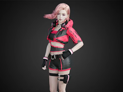 Woman with pink hair in red black outfit and headphones wearing stylish shorts with belt 3d model