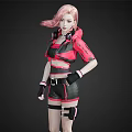 Woman with pink hair in red black outfit and headphones wearing stylish shorts with belt