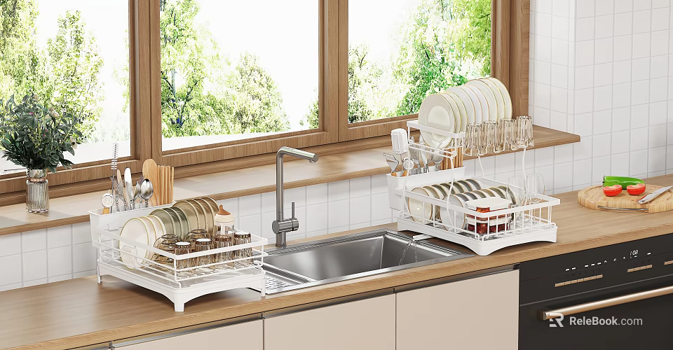 Modern Kitchen Dishware Set with Dish Drainers Sink Area and Window Greenery 3d model