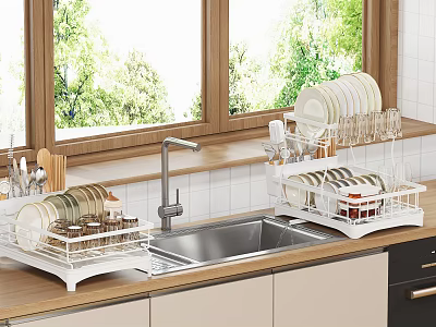 Modern Kitchen Dishware Set with Dish Drainers Sink Area and Window Greenery 3d model