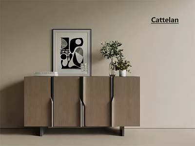 Modern Wooden Console Table With Metal Handles And Decorative Artwork Green Plant 3d model