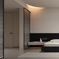 Modern Minimalist Bedroom Interior With White Walls Black Headboard Transparent Bathtub And Blinds