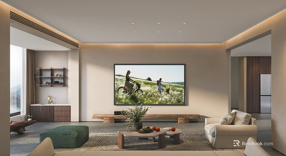 Modern Living Room Interior With Large Screen TV Sofa Coffee Table And Potted Plant 3d model 