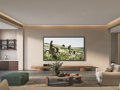 Modern Living Room Interior With Large Screen TV Sofa Coffee Table And Potted Plant 3d model