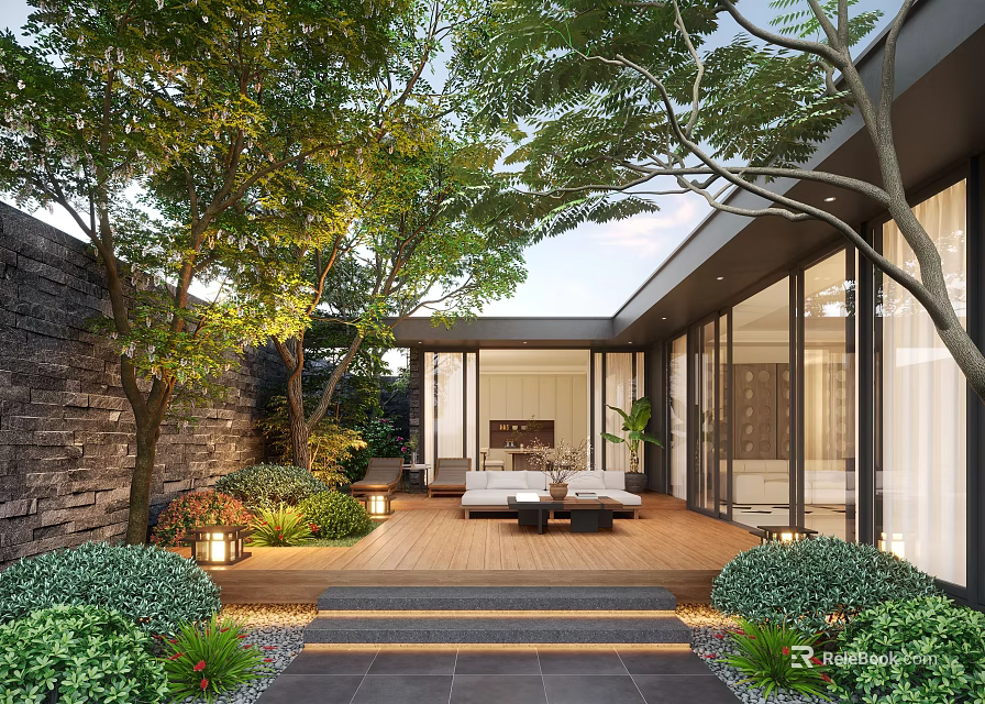 Modern Courtyard Garden With Trees Stone Wall Wooden Deck Outdoor Seating And Lanterns 3d model 