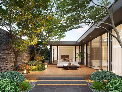 Modern Courtyard Garden With Trees Stone Wall Wooden Deck Outdoor Seating And Lanterns 3d model