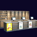 Wooden Reception Desk With Multiple Computer Monitors And Shelves For Office Interior