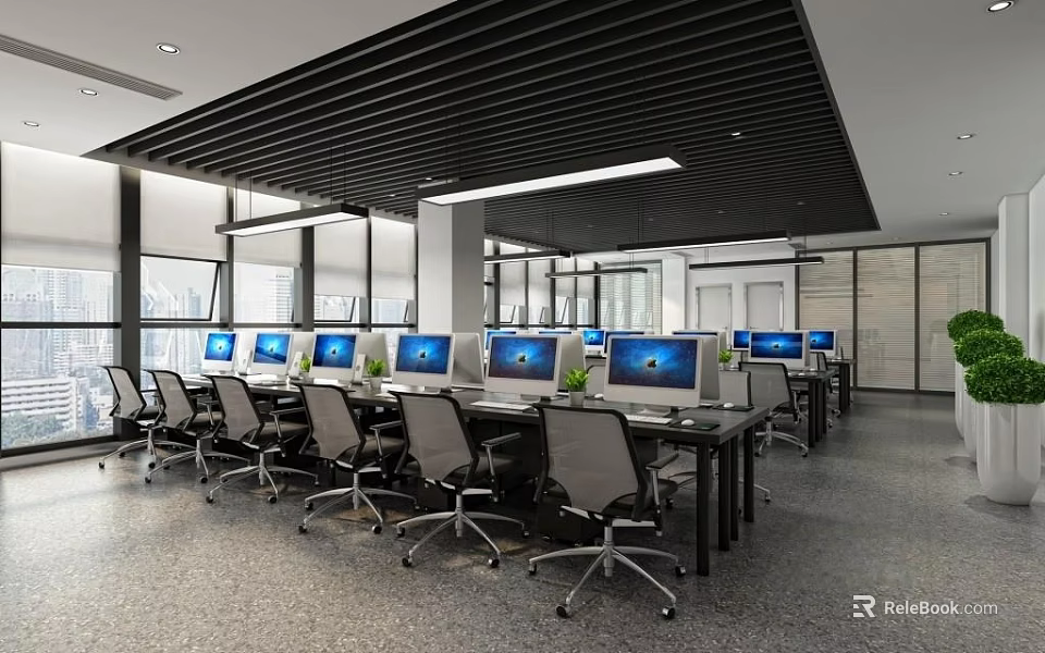 Spacious Modern Public Office Area Featuring Workstations Computers And Large Windows 3d model