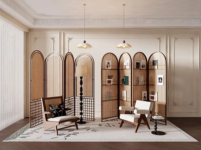 Elegant Arched Rattan Room Divider In Modern Interior With Chairs Bookshelf And Pendant Lights 3d model