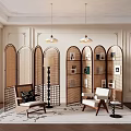 Elegant Arched Rattan Room Divider In Modern Interior With Chairs Bookshelf And Pendant Lights