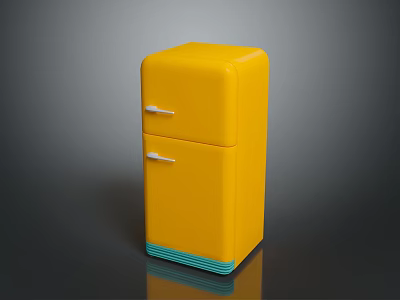 Retro Yellow Double Door Refrigerator With Turquoise Base On Dark Surface 3d model