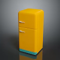 Retro Yellow Double Door Refrigerator With Turquoise Base On Dark Surface