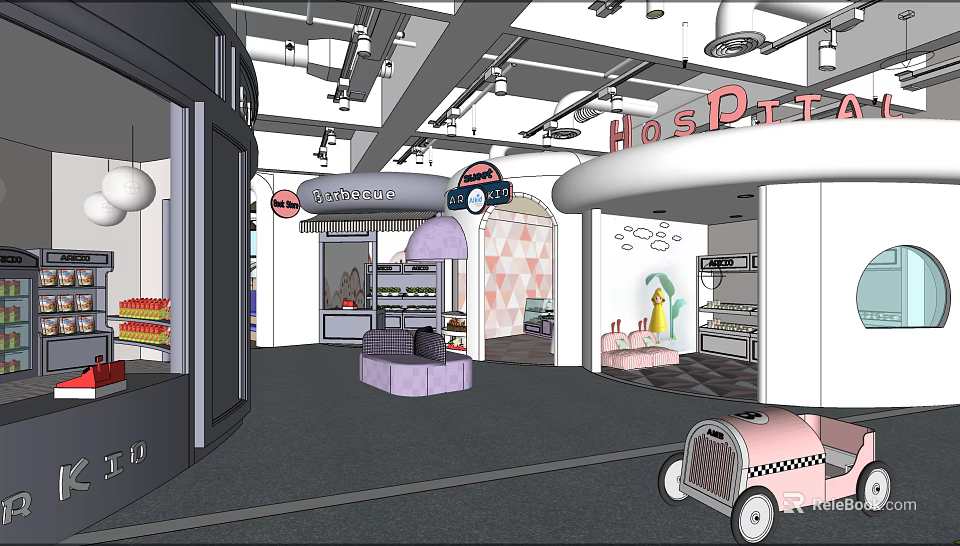 Kid Friendly Dessert Restaurant With Ice Cream Display Cases And Pink Car Decor 3d model 