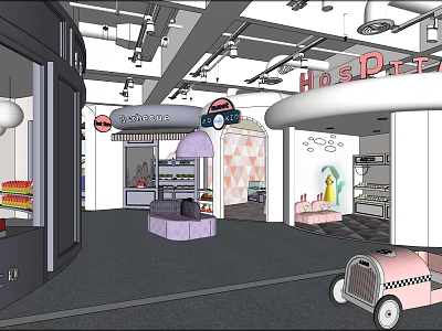 Kid Friendly Dessert Restaurant With Ice Cream Display Cases And Pink Car Decor 3d model
