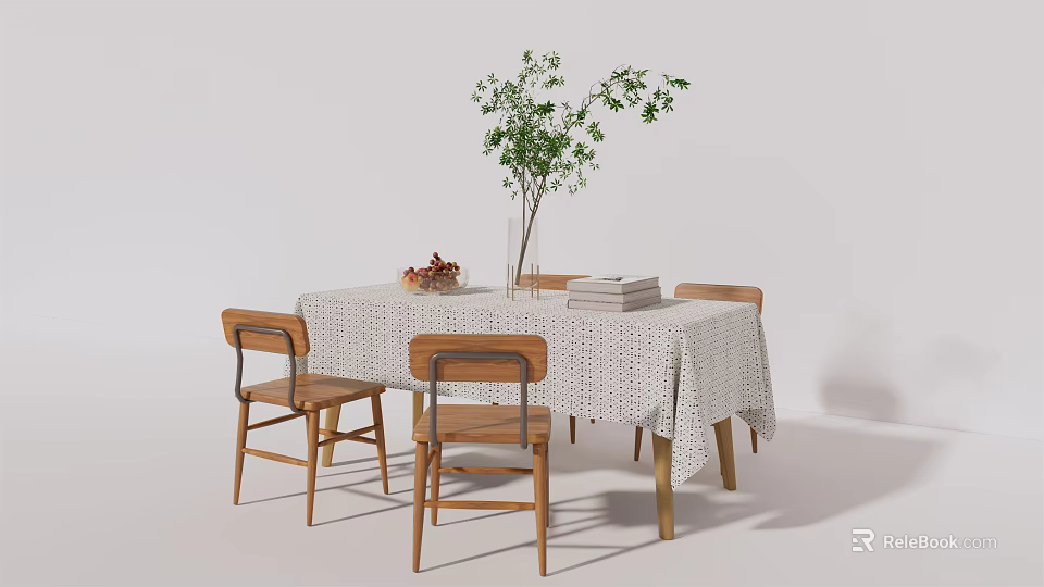 Wooden Dining Table And Chairs Set With White Lace Tablecloth Green Plant Fruits And Books 3d model 
