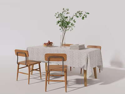 Wooden Dining Table And Chairs Set With White Lace Tablecloth Green Plant Fruits And Books 3d model