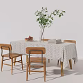 Wooden Dining Table And Chairs Set With White Lace Tablecloth Green Plant Fruits And Books