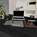 Modern Laptop On Desk With Plant Speaker Open Book Notebook And Wall