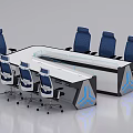 Control Room Interior With Large Console And Blue Ergonomic Chairs 3d model