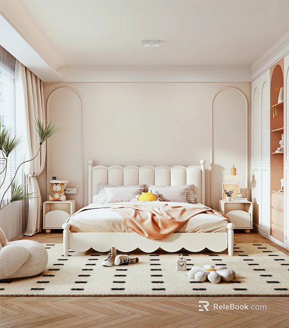 Bright Modern Kids Bedroom Interior With Pastel Pink And White Bed Nightstand Bookshelf And Plants 3d model 