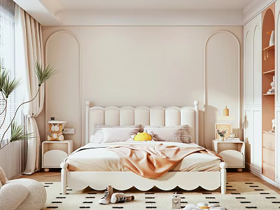 Bright Modern Kids Bedroom Interior With Pastel Pink And White Bed Nightstand Bookshelf And Plants 3d model