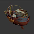 Rusty Old Metal Boat Model With Blue Brown Weathered Structure And Cabin Railings
