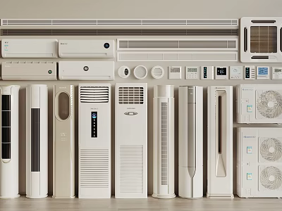 Different White Air Conditioners and Fans with Wall Mounted Floor Standing and Tower Designs 3d model