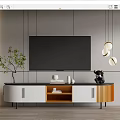 Modern White And Wooden TV Stand Design With Wall Background Green Plant And Hanging Lights