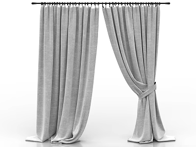 Soft Gray Textured Curtains Tied Back On Black Curtain Rod 3d model