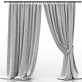 Soft Gray Textured Curtains Tied Back On Black Curtain Rod