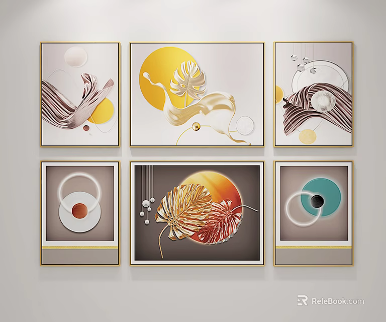 Modern Abstract Wall Art Prints with Circular Leaf and Wave Patterns for Home Decoration 3d model
