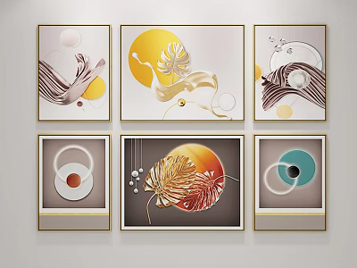 Modern Abstract Wall Art Prints with Circular Leaf and Wave Patterns for Home Decoration 3d model