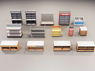 Diverse Retail Store Shelves Collection Featuring Metal Wooden Multi Tiered And Colorful Designs 3d model