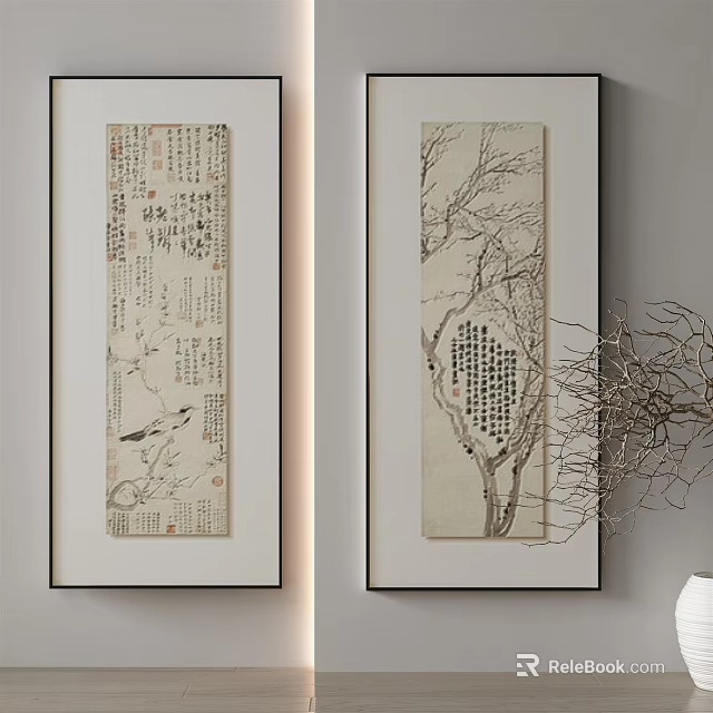 Traditional Chinese Ink Paintings With Bird Tree And Calligraphy On Wall 3d model 