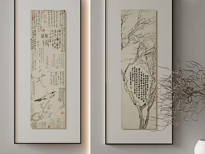 Traditional Chinese Ink Paintings With Bird Tree And Calligraphy On Wall 3d model