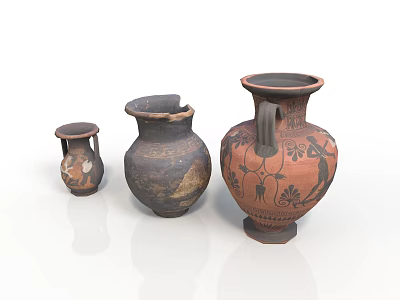 Ancient Clay Vase Sculptures With Hand Carved Painted Floral Bird Patterns And Double Handles 3d model