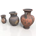 Ancient Clay Vase Sculptures With Hand Carved Painted Floral Bird Patterns And Double Handles