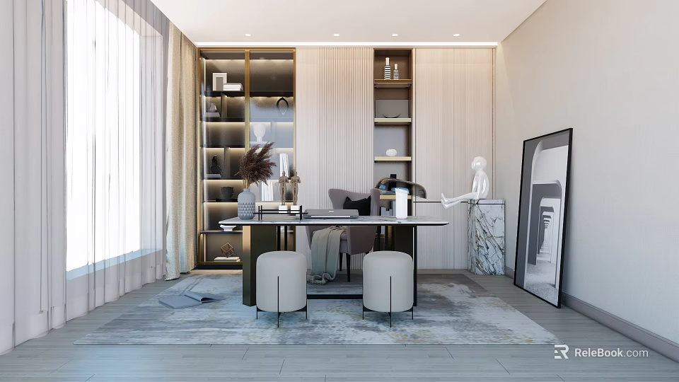 Elegant Study Room With Wooden Shelves Marble Desk Stools Sculpture And Mirror 3d model 