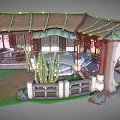 Cartoon Chinese Architectural Scene With Pavilion Tile Roof Bamboo Stone Steps And Windows