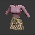 Purple Fitted Long Sleeve Round Neck Top With Plaid Pattern Skirt And Buttons