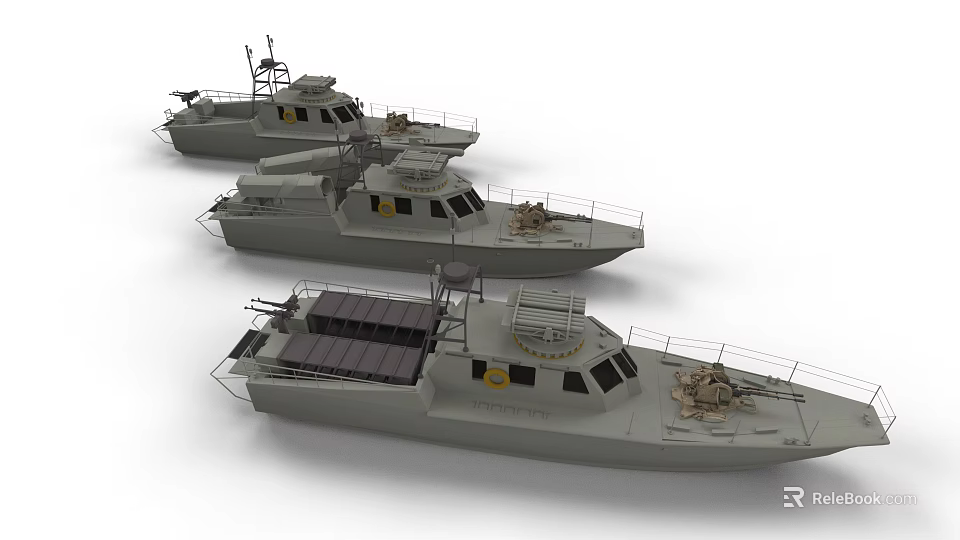 Three Modern Military Warships With Gray Hulls Deck Railings And Equipment 3d model 