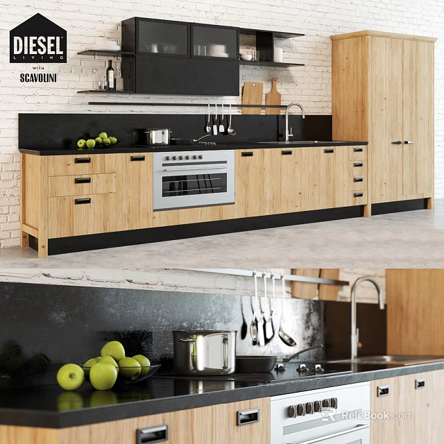 Modern Kitchen With Wooden Cabinets Black Countertop And Stainless Steel Oven Green Apples Hanging Utensils 3d model 