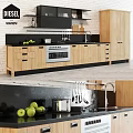 Modern Kitchen With Wooden Cabinets Black Countertop And Stainless Steel Oven Green Apples Hanging Utensils