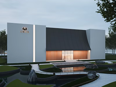 Park Landscape Featuring Modern Building White Walls Black Roof Wooden Panels Water Pond And Trees 3d model