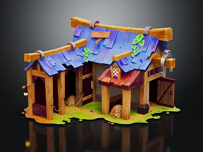 Cute Cartoon Barn Scene With Broken Wooden Roof Green Leaves And Hay Bales 3d model