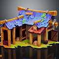 Cute Cartoon Barn Scene With Broken Wooden Roof Green Leaves And Hay Bales