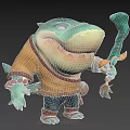 Cartoon Shark Character Holding Glowing Blue Weapon Dressed In Brown Shirt With Red Bead Bracelet