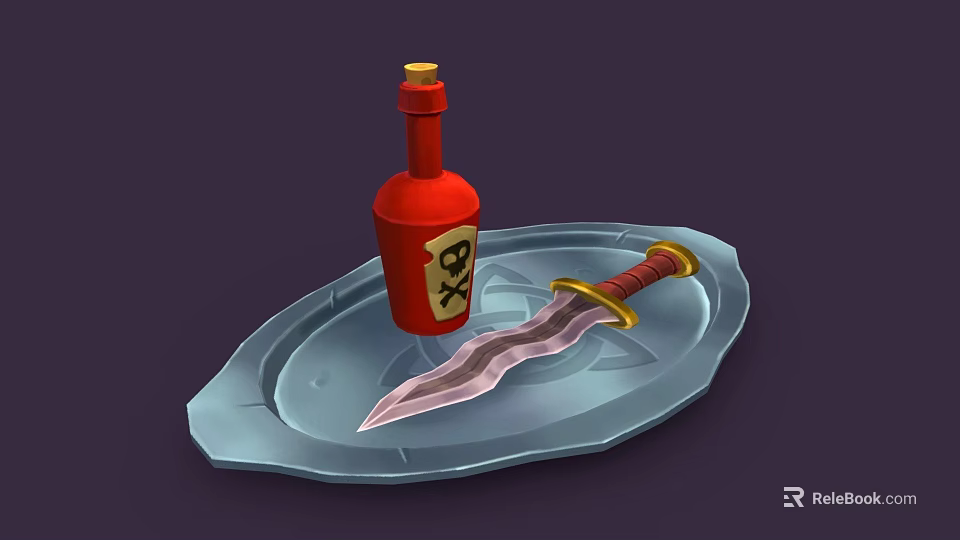 Ornate Decorative Sword Placed on Transparent Tray with Red Wine Bottle 3d model 